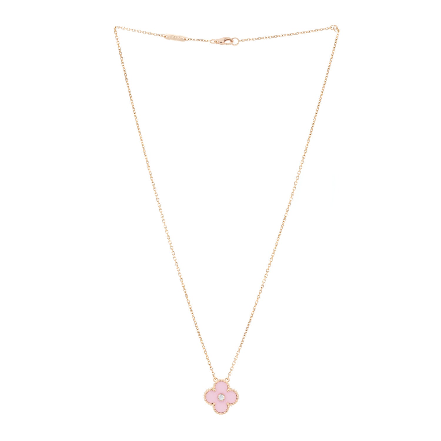 Van Cleef & Arpels 18K Rose Gold Diamond Pink Porcelain Vintage Alhambra Pendant Necklace 2 of 5