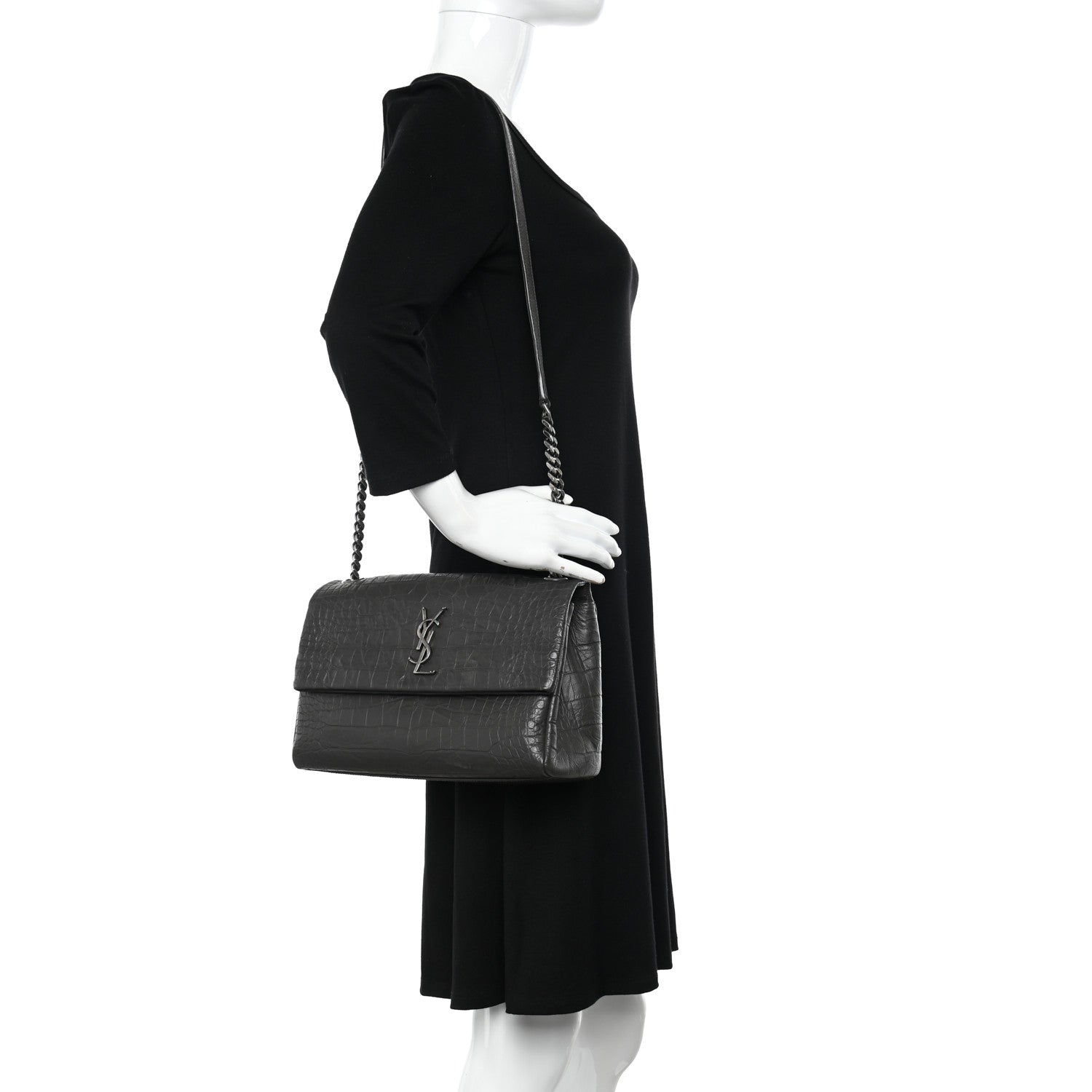 Saint Laurent Calfskin Crocodile Embossed Medium West Hollywood Monogram Fold-Over Grey 2 of 9