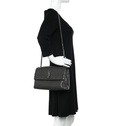Saint Laurent Calfskin Crocodile Embossed Medium West Hollywood Monogram Fold-Over Grey 2 of 9