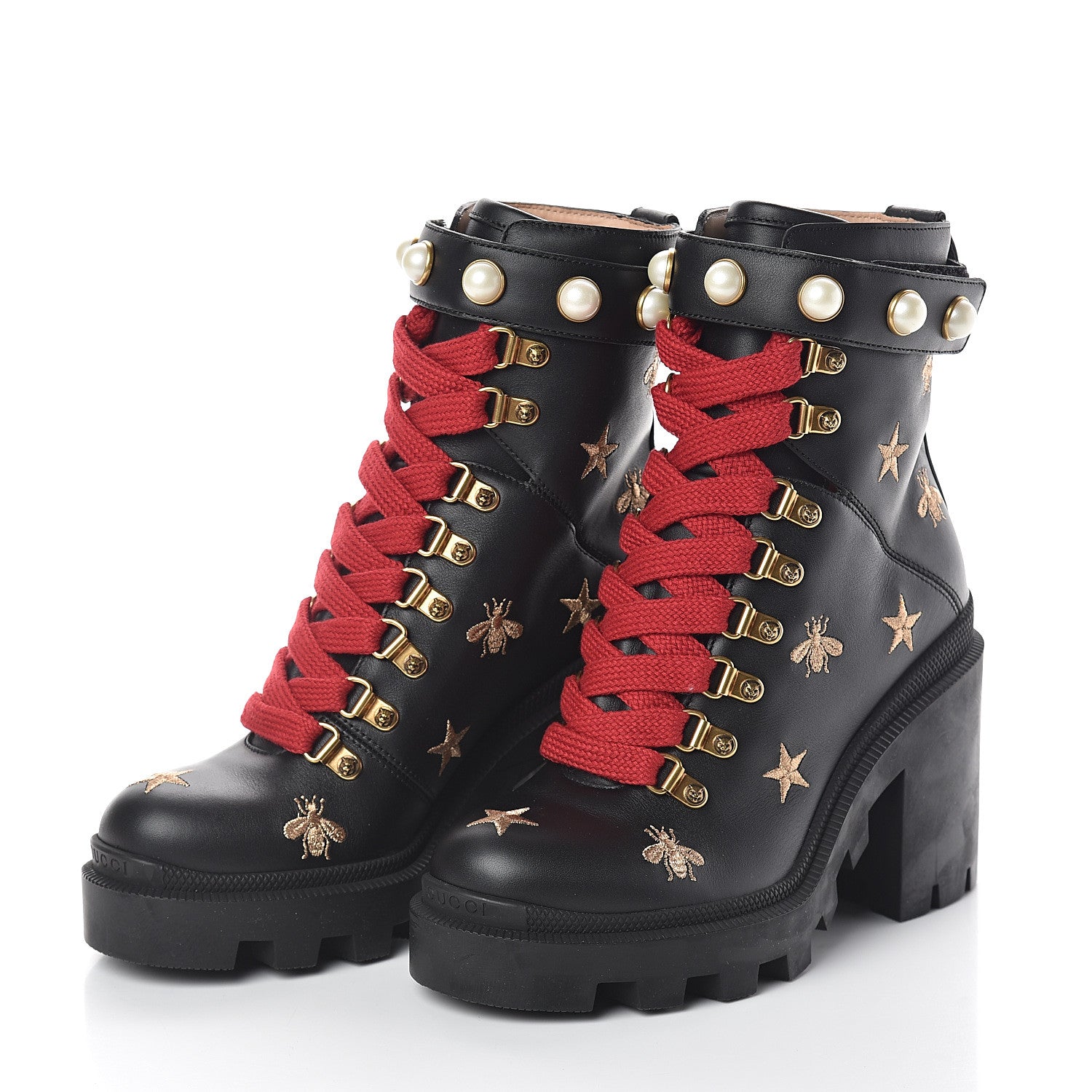 Gucci Calfskin Embroidered Lace Up Combat Ankle Boots 35.5 Black 3 of 6