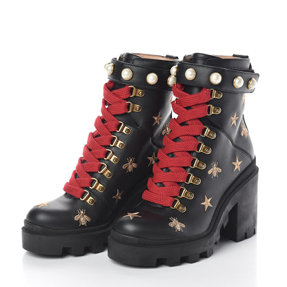 Gucci Calfskin Embroidered Lace Up Combat Ankle Boots 35.5 Black 3 of 6