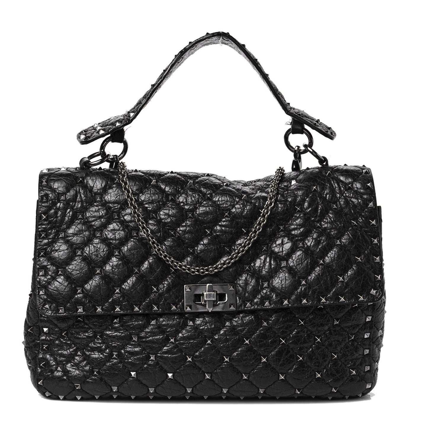 Craquele Nappa Large Rockstud Spike Shoulder Bag Black