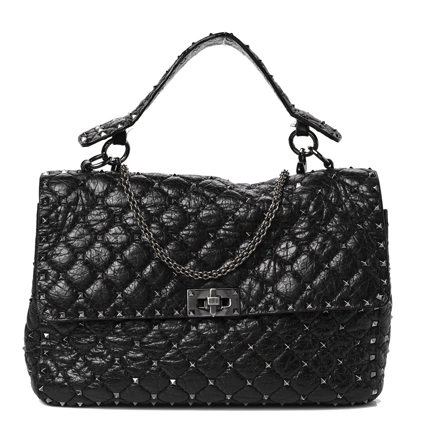 Valentino Garavani Craquele Nappa Large Rockstud Spike Shoulder Bag Black 1 of 10