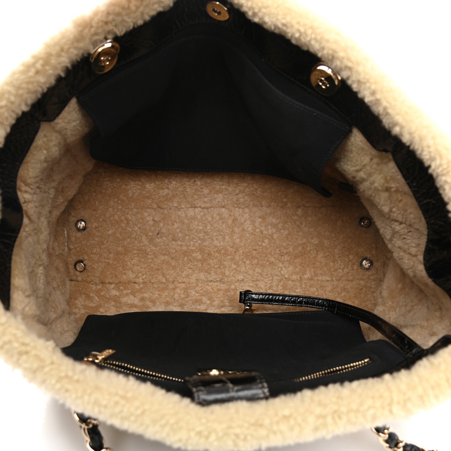 Shiny Crumpled Sheepskin Shearling CC Mania Tote Bag Black Beige