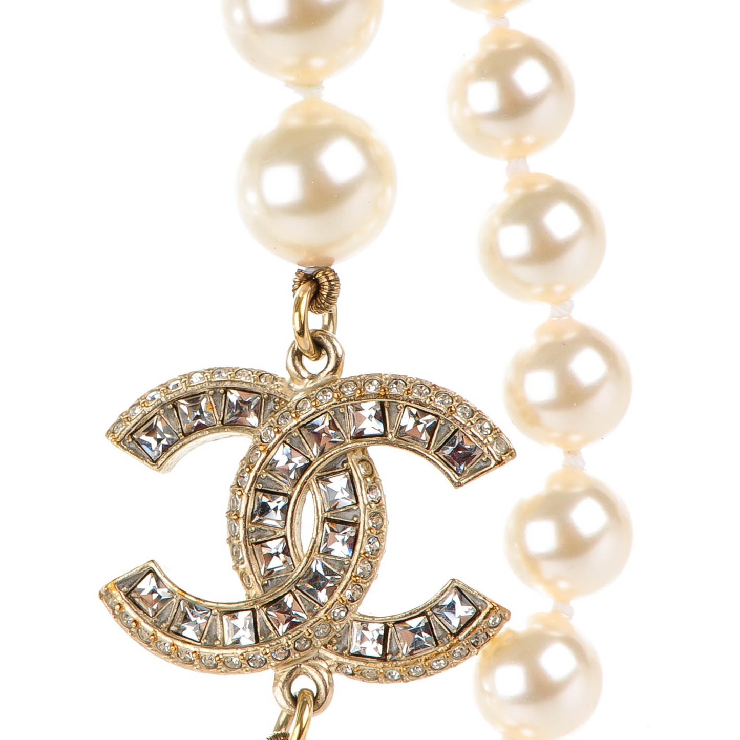 Baguette Crystal Pearl CC Long Necklace Gold