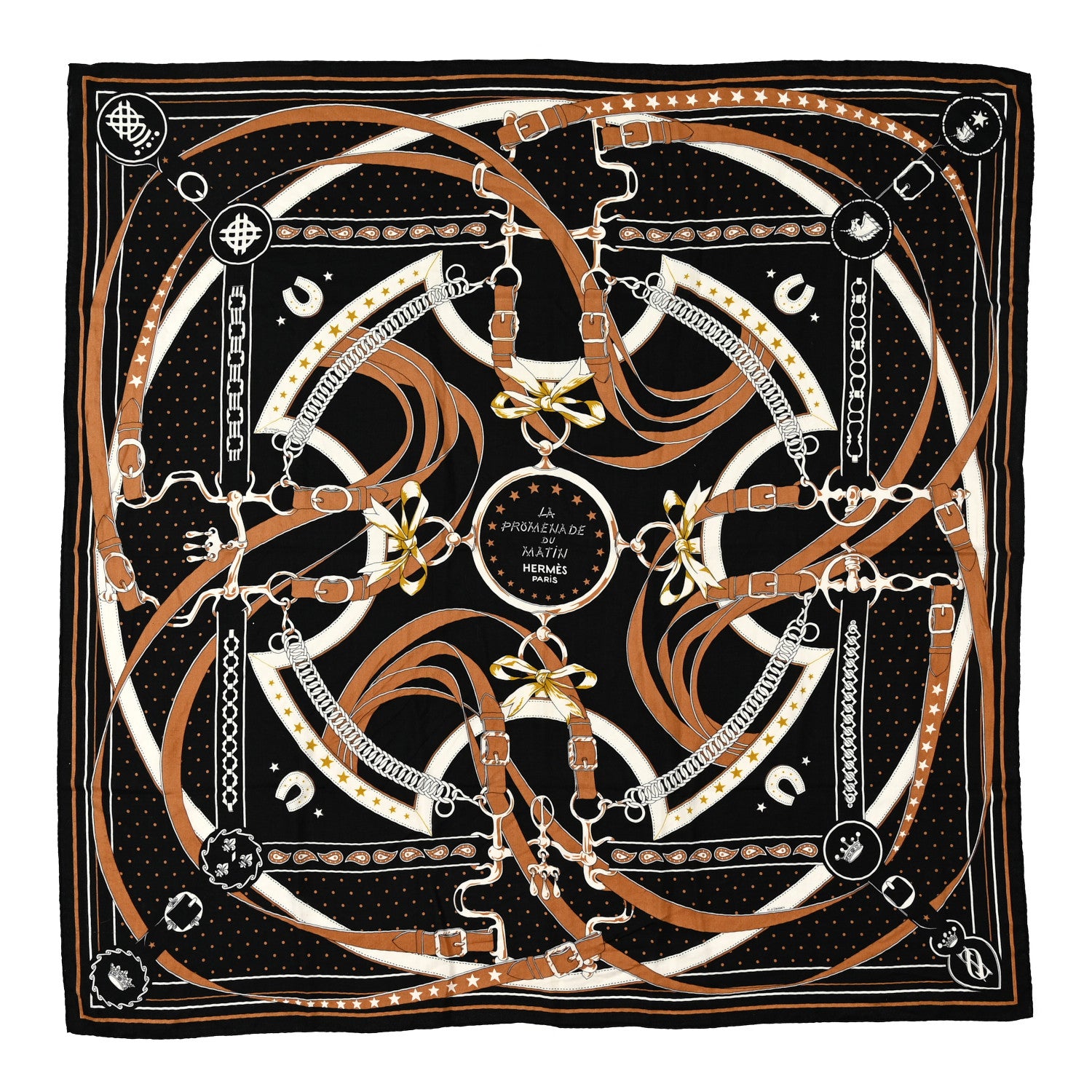 Hermes Cashmere Silk La Promenade du Matin Bandana Shawl 140 Black Noisette Gold 1 of 6