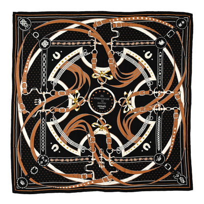 Hermes Cashmere Silk La Promenade du Matin Bandana Shawl 140 Black Noisette Gold 1 of 6
