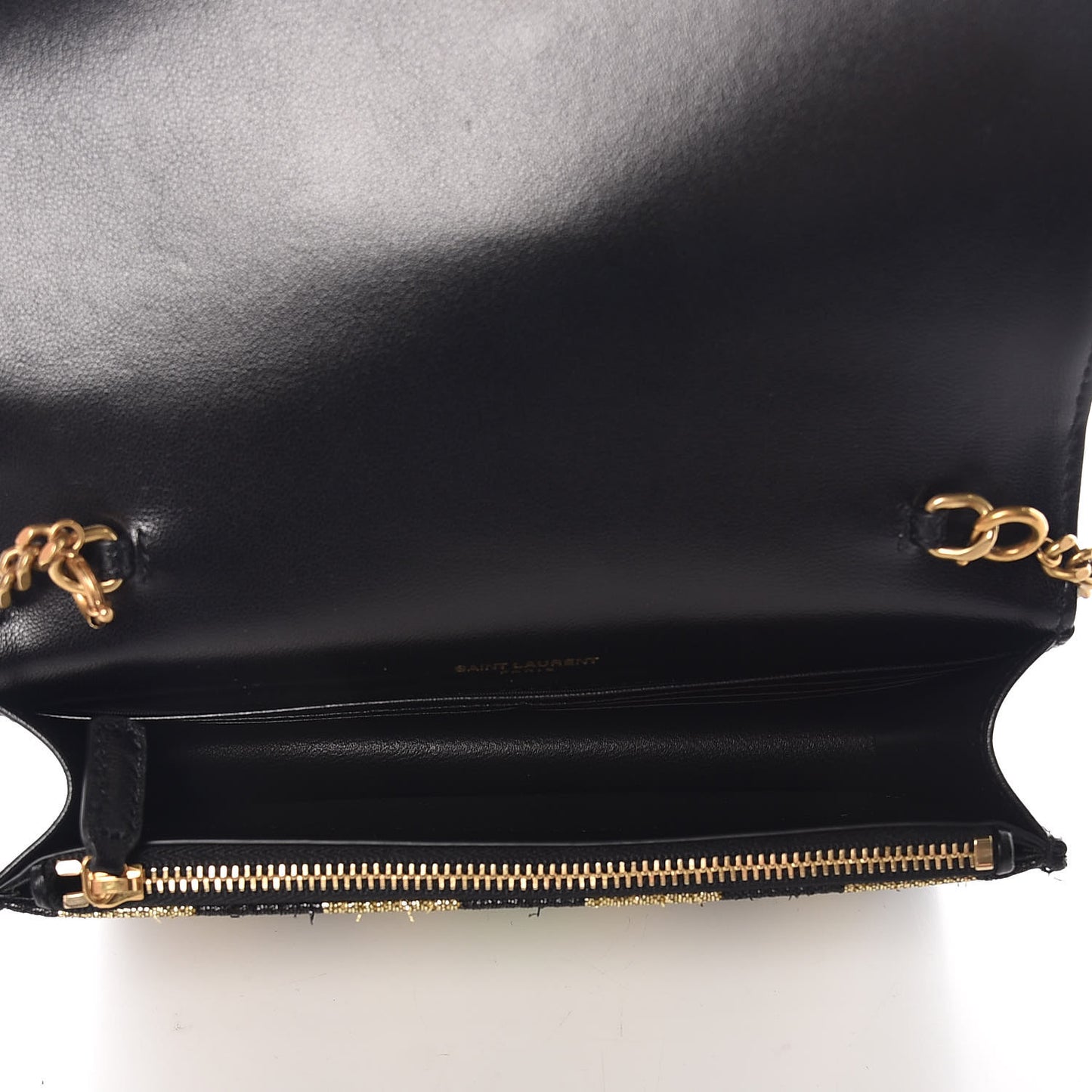 Sequin Striped Classic Monogram Kate Tassel Chain Wallet Black Gold