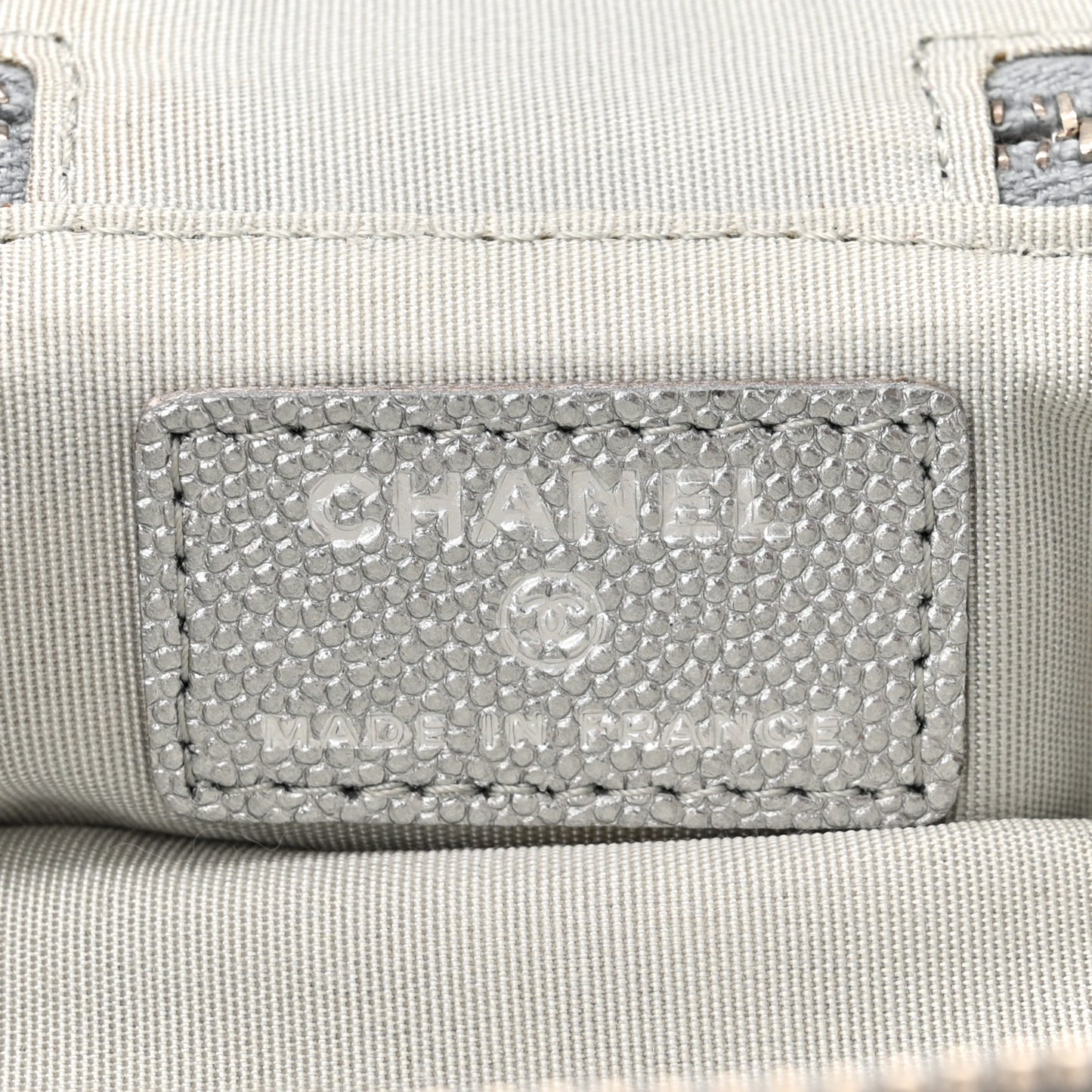 Metallic Caviar Quilted Mini Top Handle Vanity With Chain Silver
