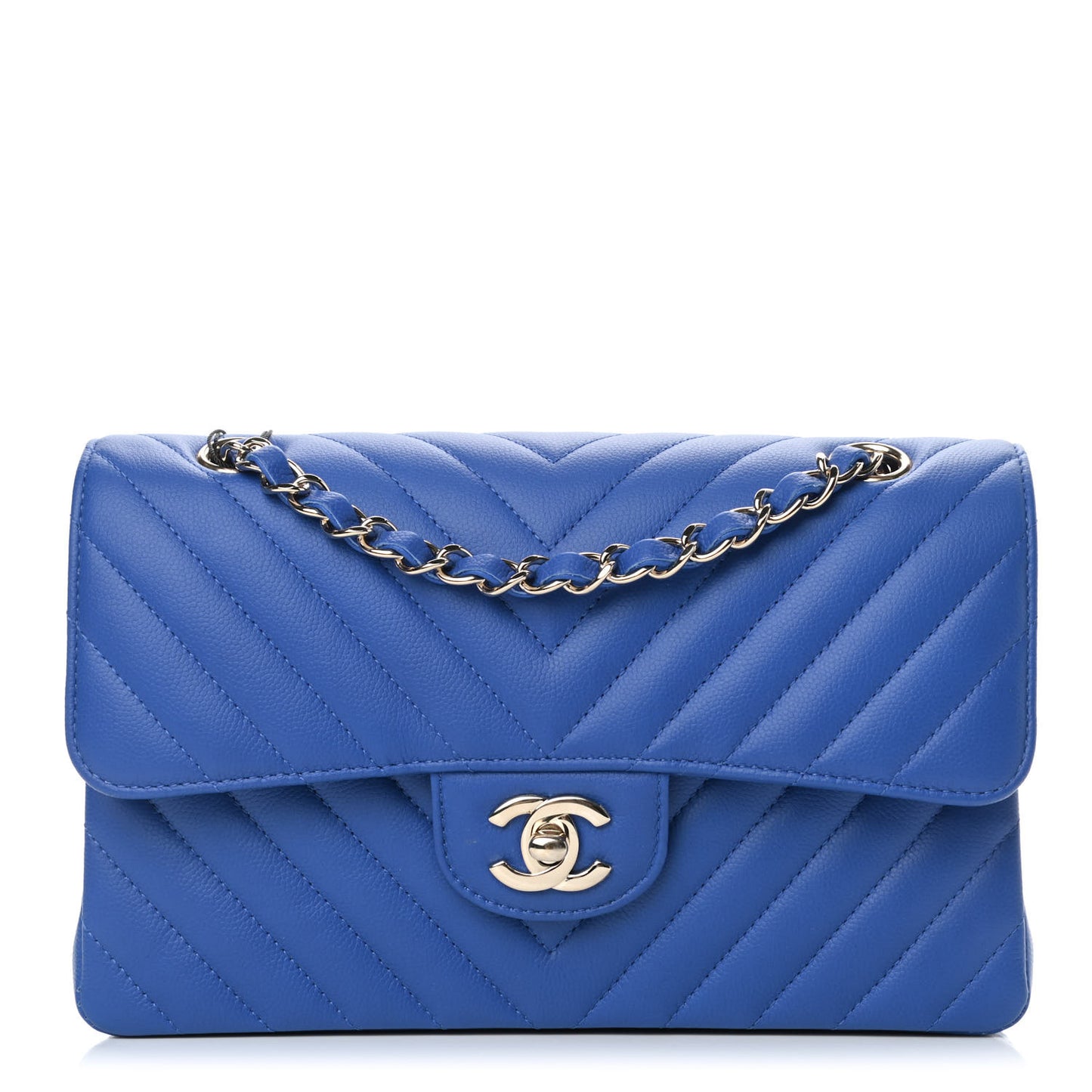 Caviar Chevron Quilted Small Double Flap Blue