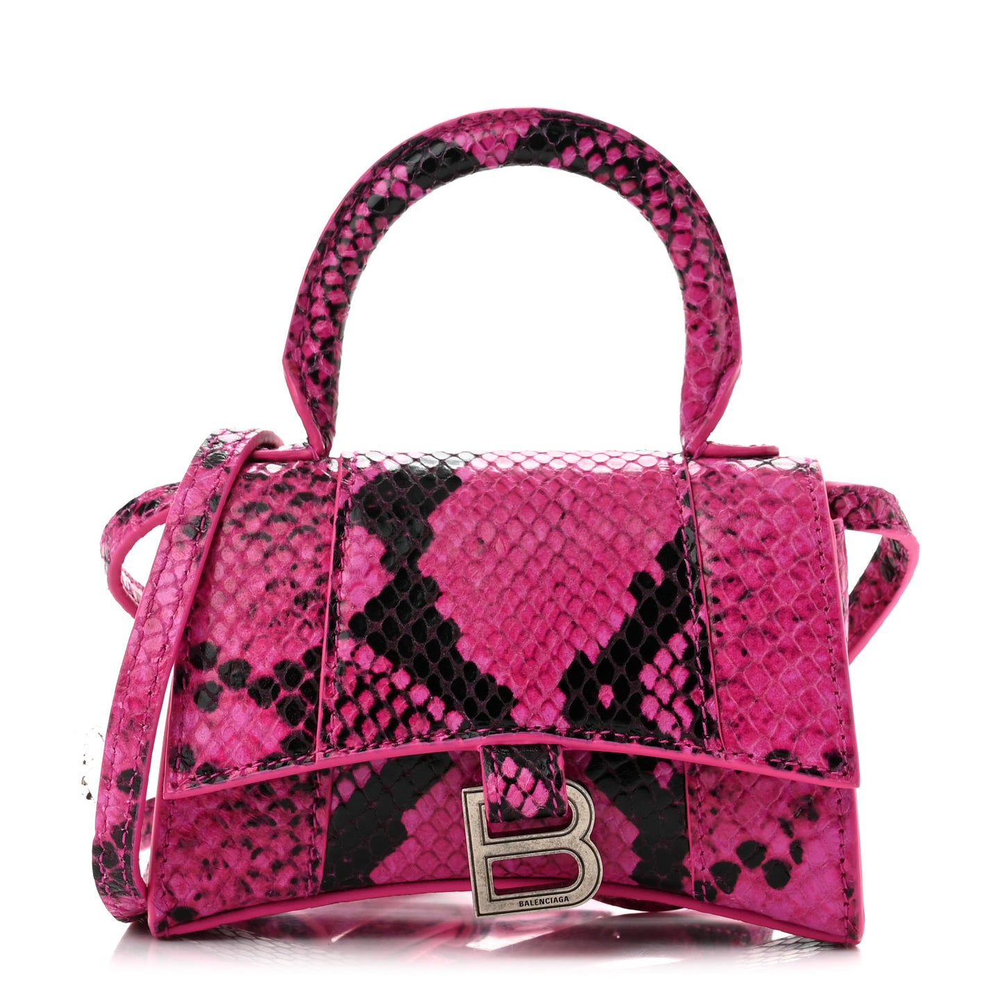 Shiny Calfskin Python Effect Hourglass Top Handle Bag Mini Fuchsia Black