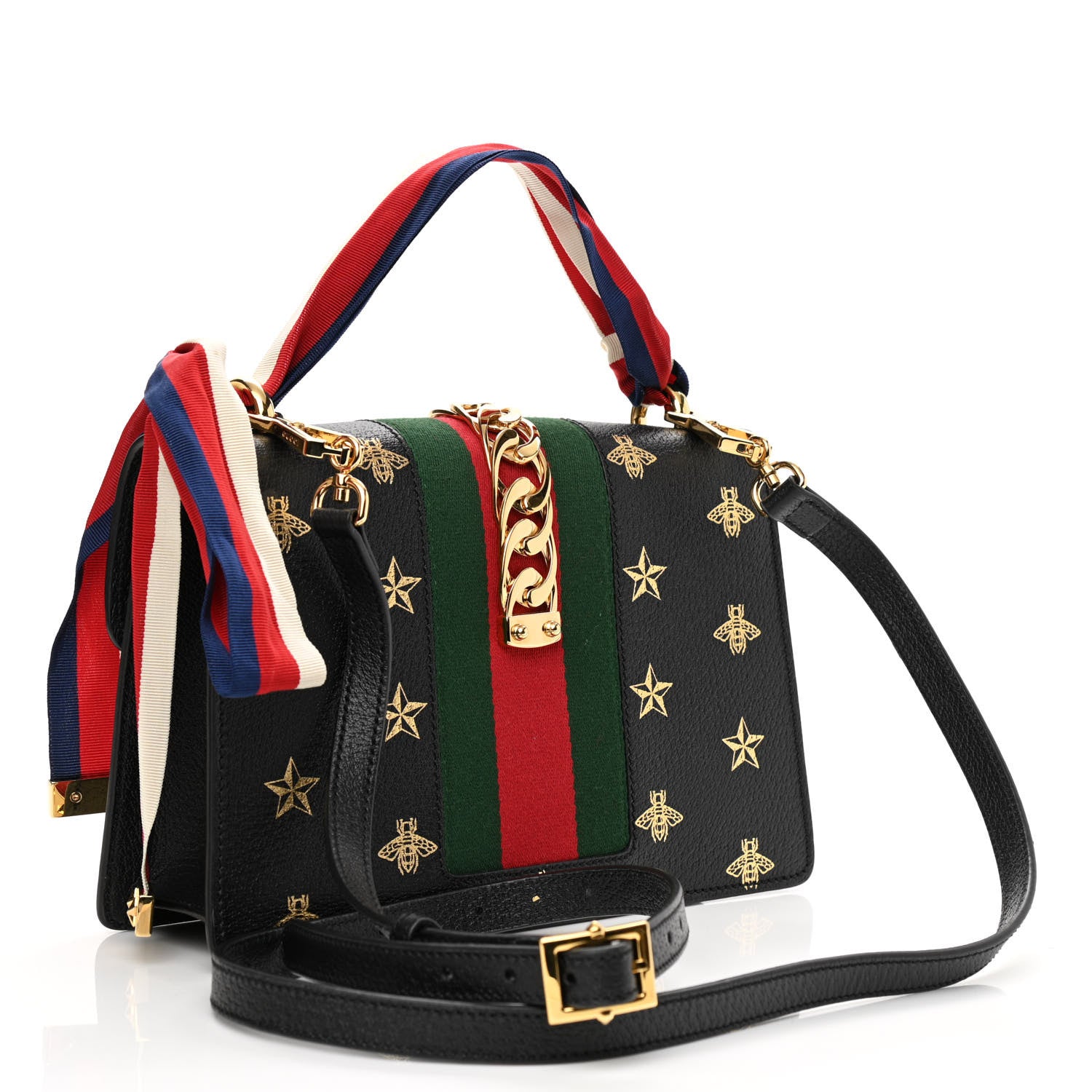 Gucci Textured Calfskin Bee Star Print Small Sylvie Shoulder Bag Black 3 of 10