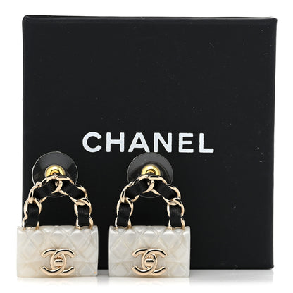 Chanel Metal Resin Lambskin Quilted CC Turnlock Chain Flap Bag Earrings White Gold 5 of 5