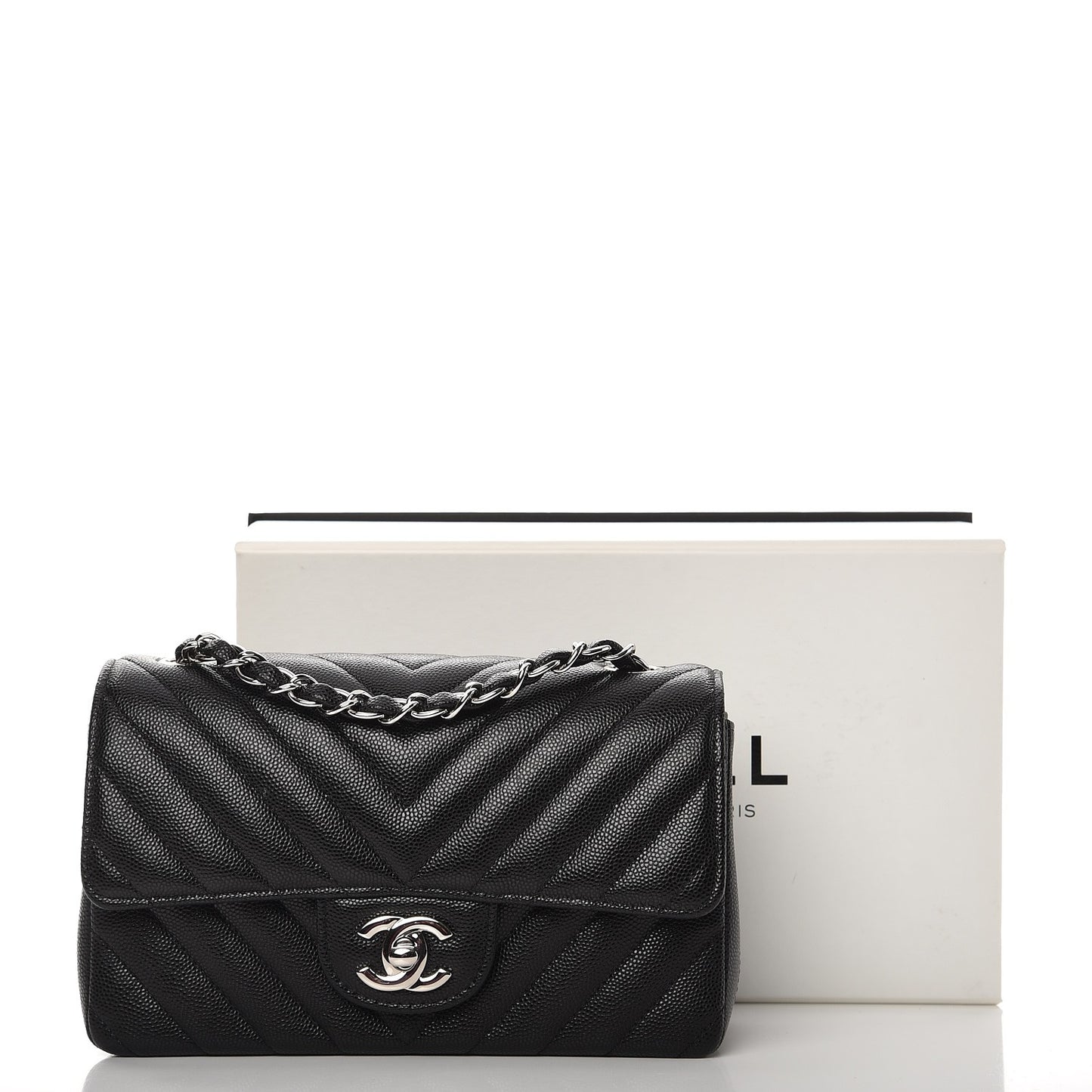 Caviar Chevron Quilted Mini Rectangular Flap Black