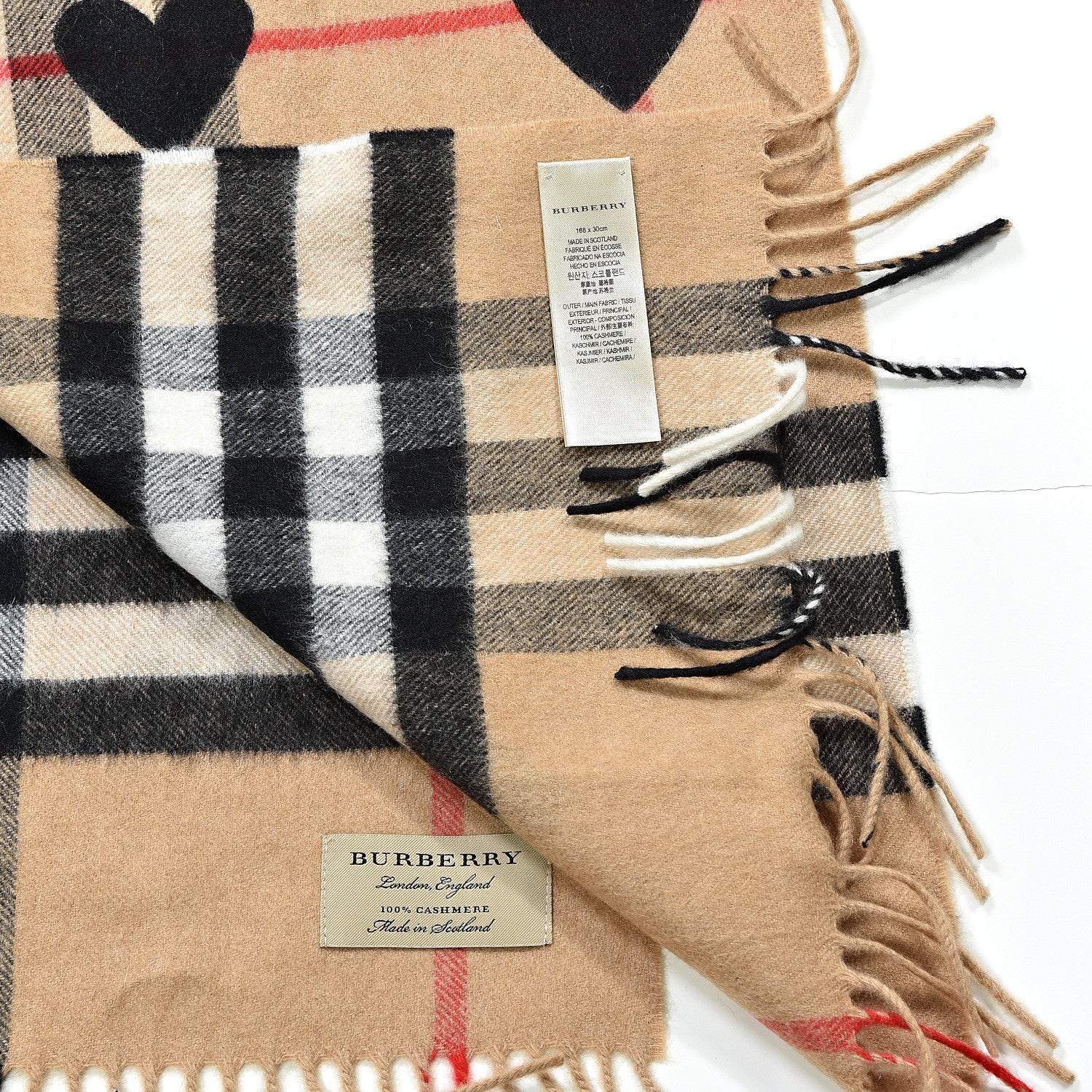 Burberry Cashmere Giant Heart Fringe Scarf Camel 3 of 3
