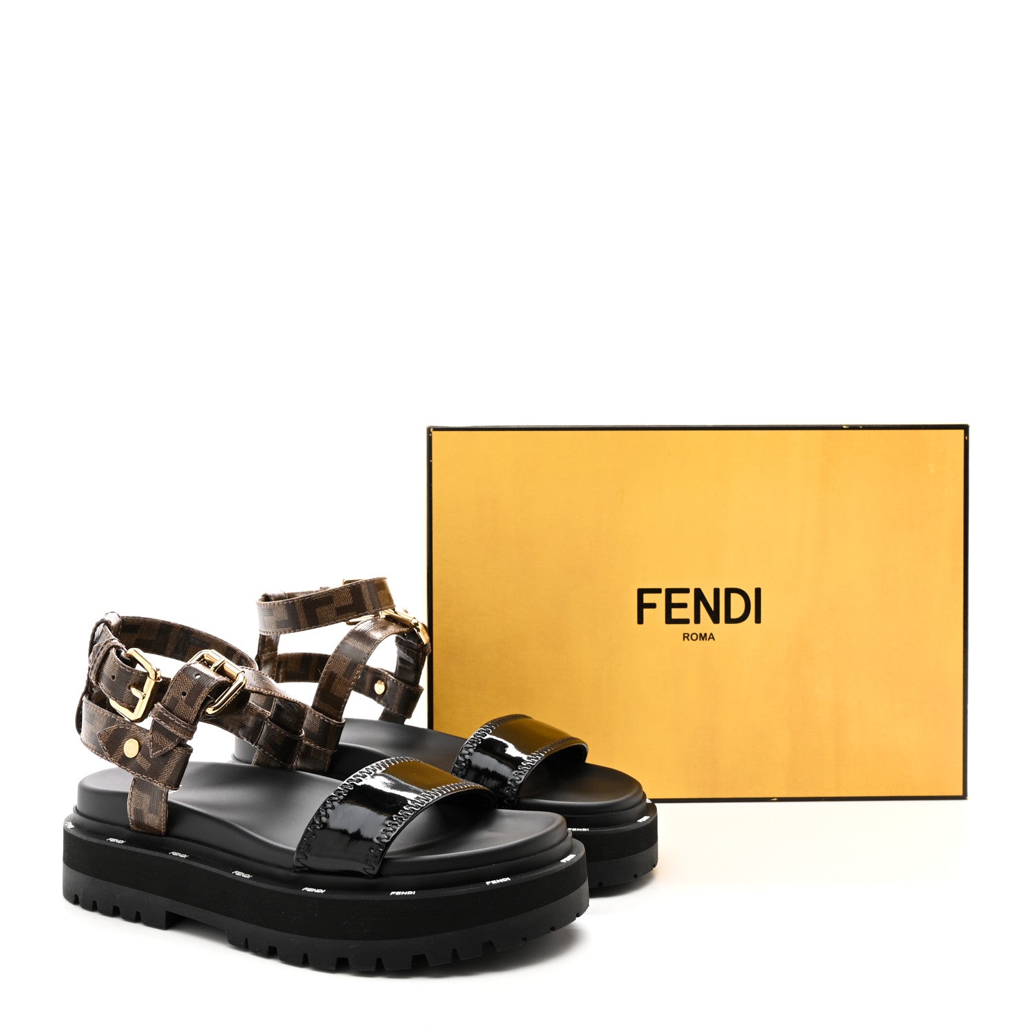 Fendi Vernice High-Tech Glazed Fabric FF Lug Sole Platform Sandals 39.5 Black Tobacco Moro 9 of 9