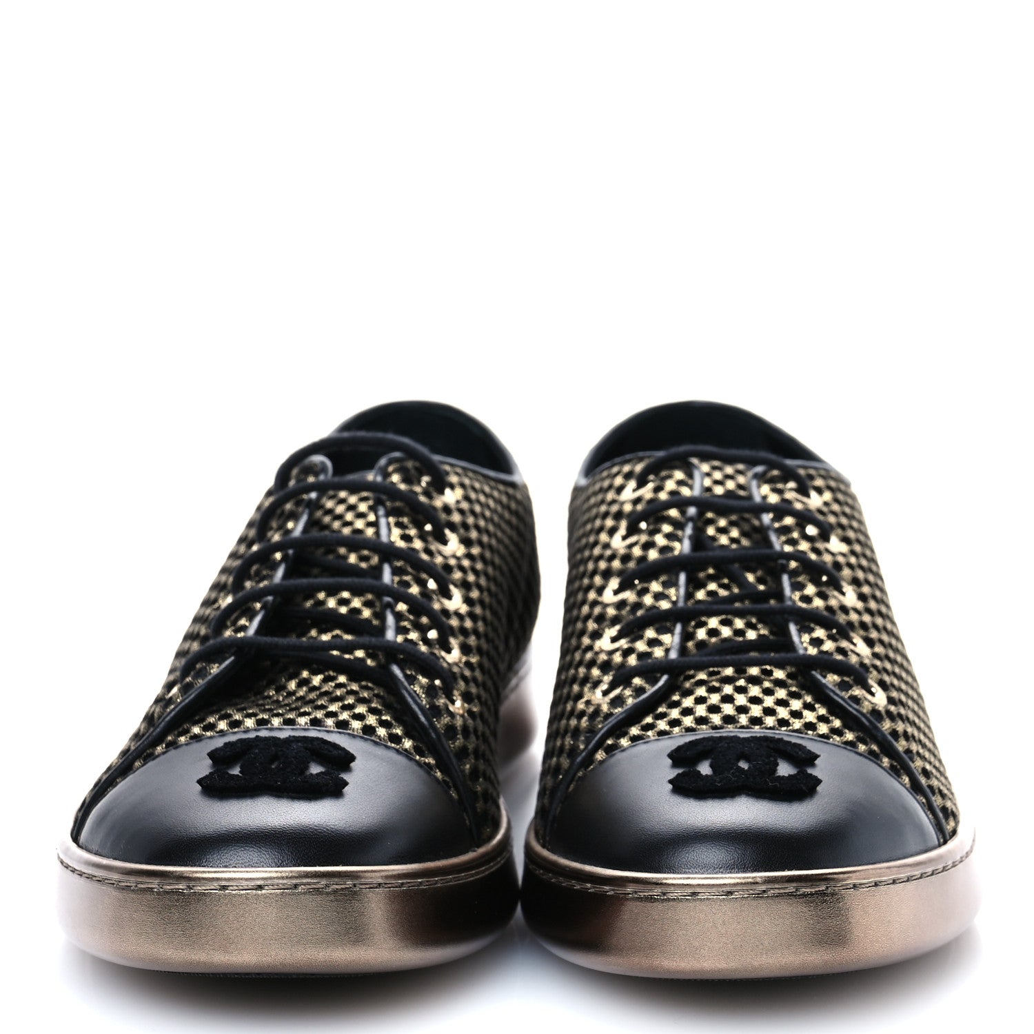 Chanel Fabric Mesh Lambskin Low Top Sneakers 39.5 Gold Black 2 of 9