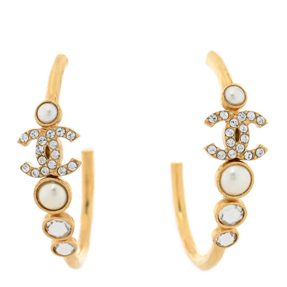 Chanel Crystal Pearl CC Hoop Earrings Gold Pearly White 1 of 4