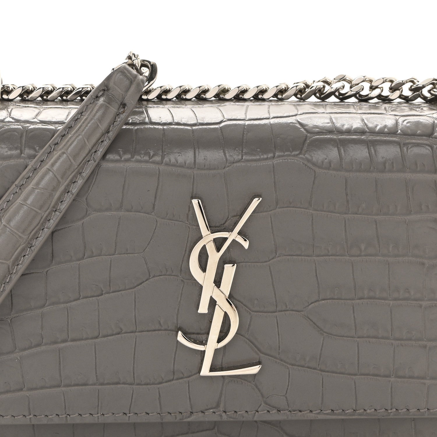 Saint Laurent Calfskin Crocodile Embossed Monogram Sunset Chain Wallet Fog 8 of 14
