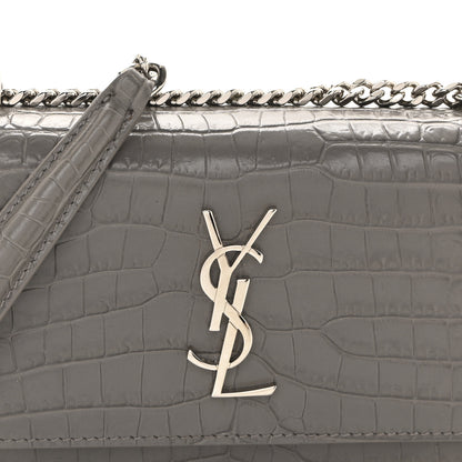 Saint Laurent Calfskin Crocodile Embossed Monogram Sunset Chain Wallet Fog 8 of 14