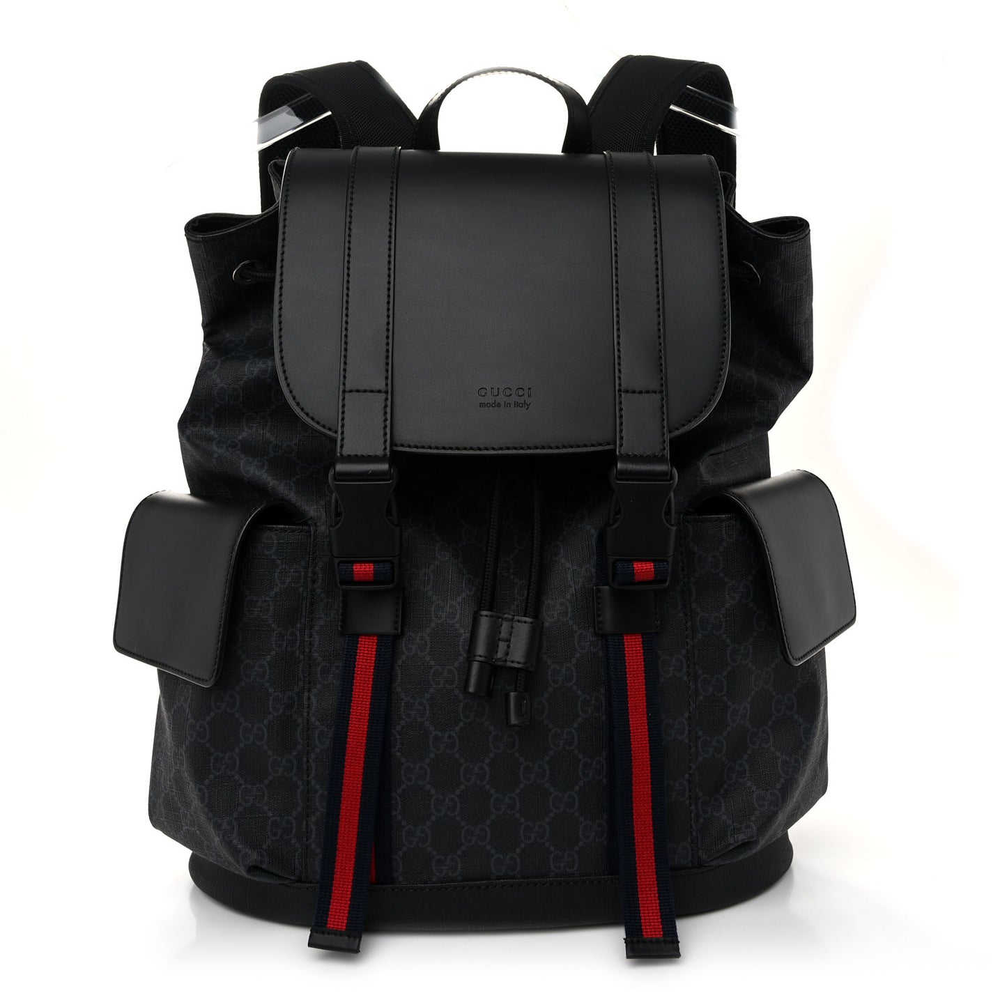 Soft GG Supreme Monogram Calfskin Web Double Buckle Backpack Black
