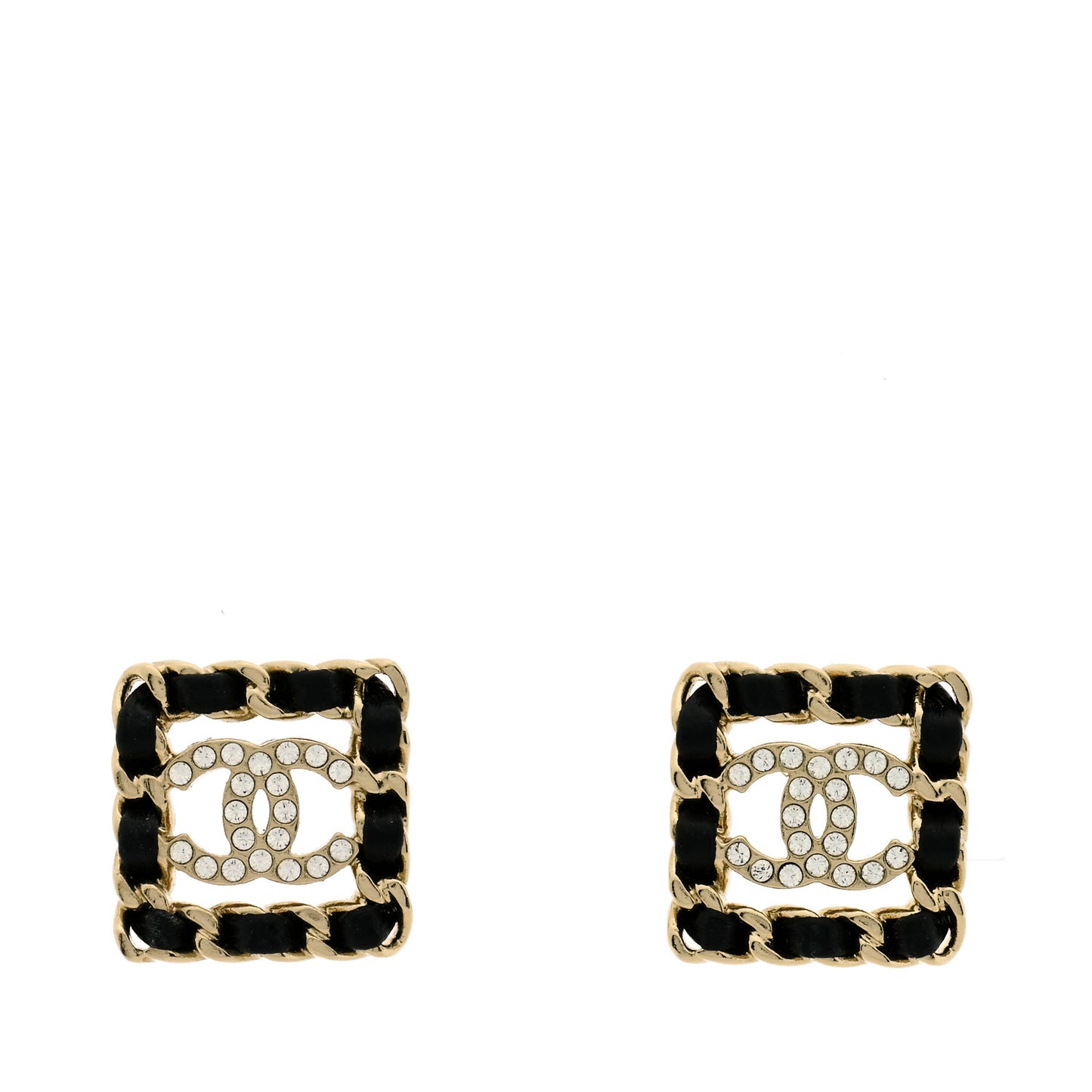 Crystal Lambskin Chain Sergeant Chanel Stud Earrings Black Gold