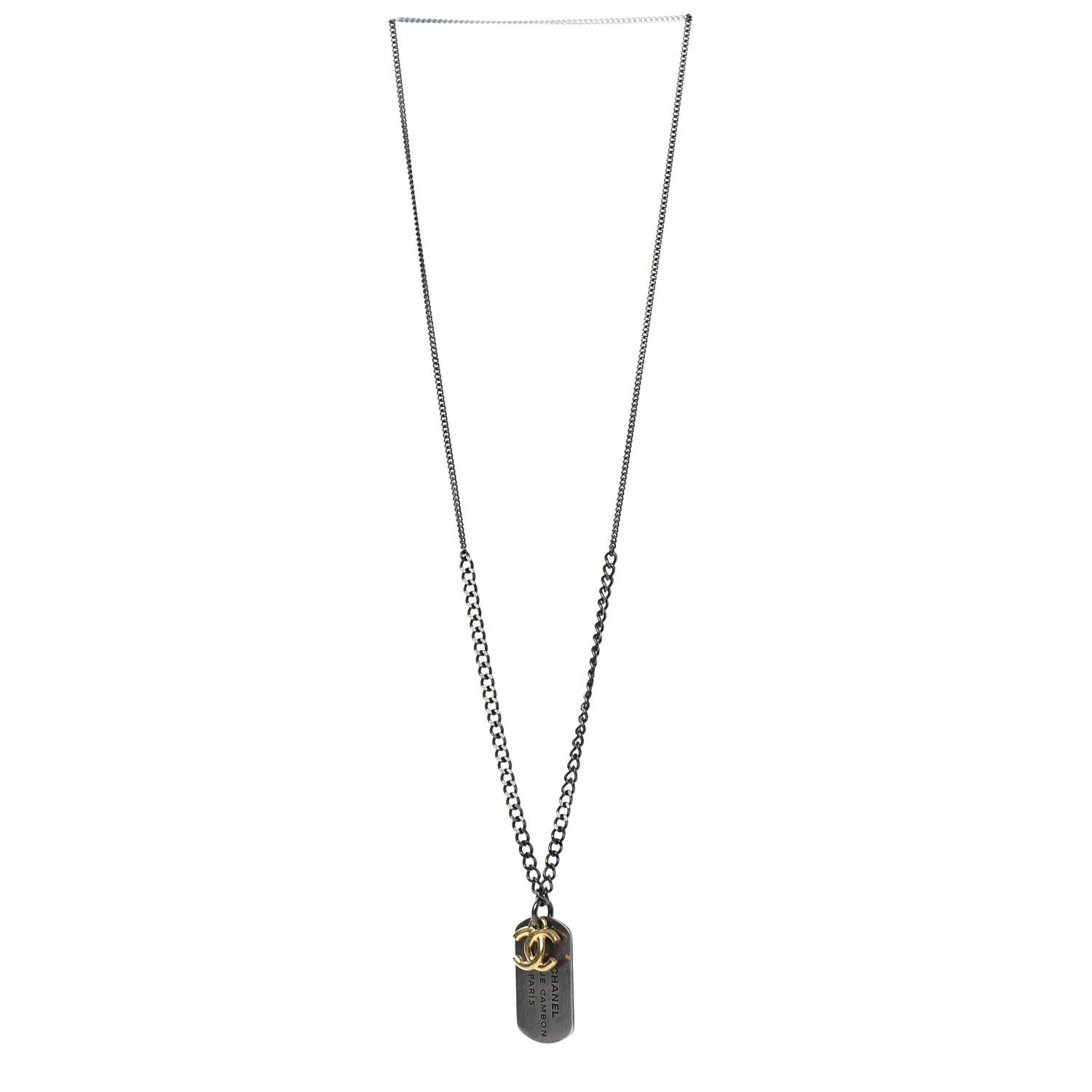 Chanel Ruthenium ID Dog Tag Charm Necklace Silver Gold 3 of 6
