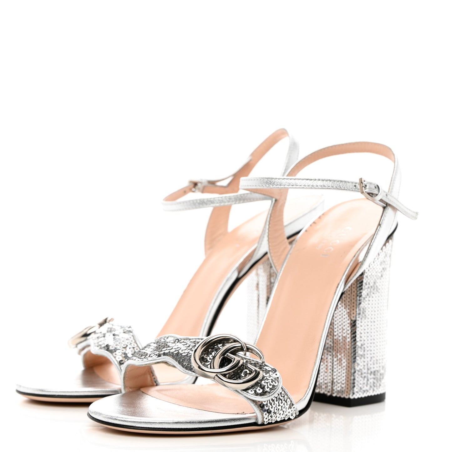 Sequin Satin Nappa GG Marmont Ankle Wrap 105mm Sandals 38 Silver Grigio Argento