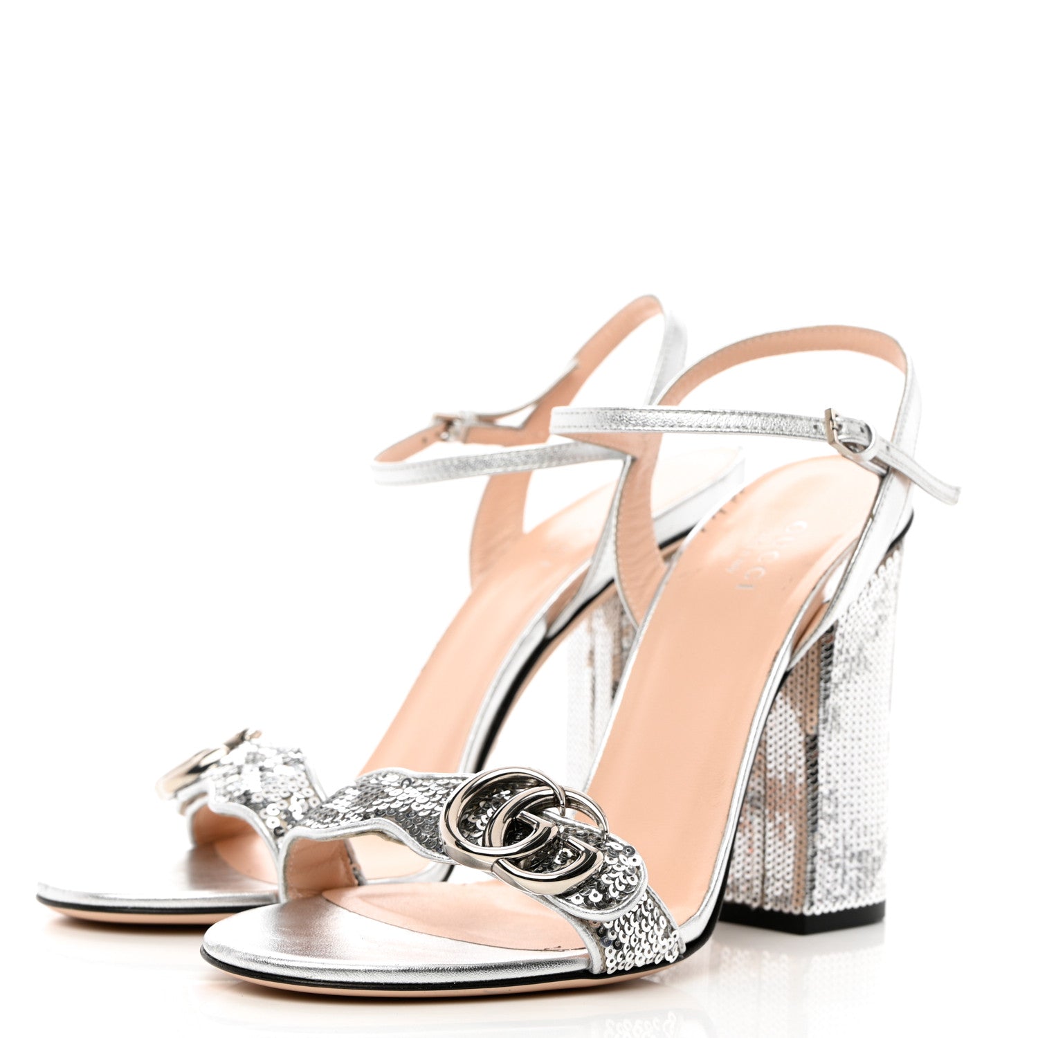 Gucci Sequin Satin Nappa GG Marmont Ankle Wrap 105mm Sandals 38 Silver Grigio Argento 3 of 9
