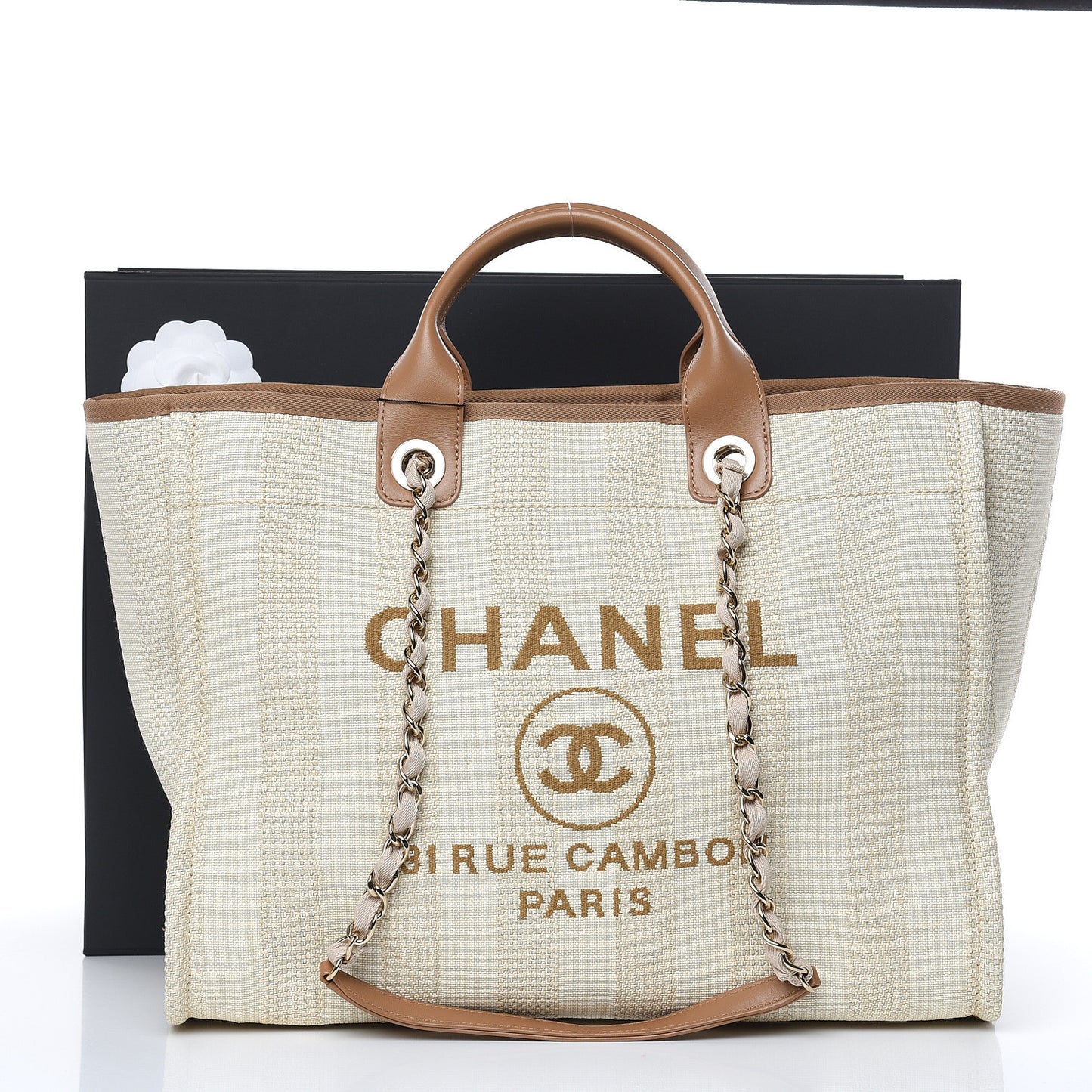 Straw Raffia Calfskin Striped Large Deauville Tote Beige