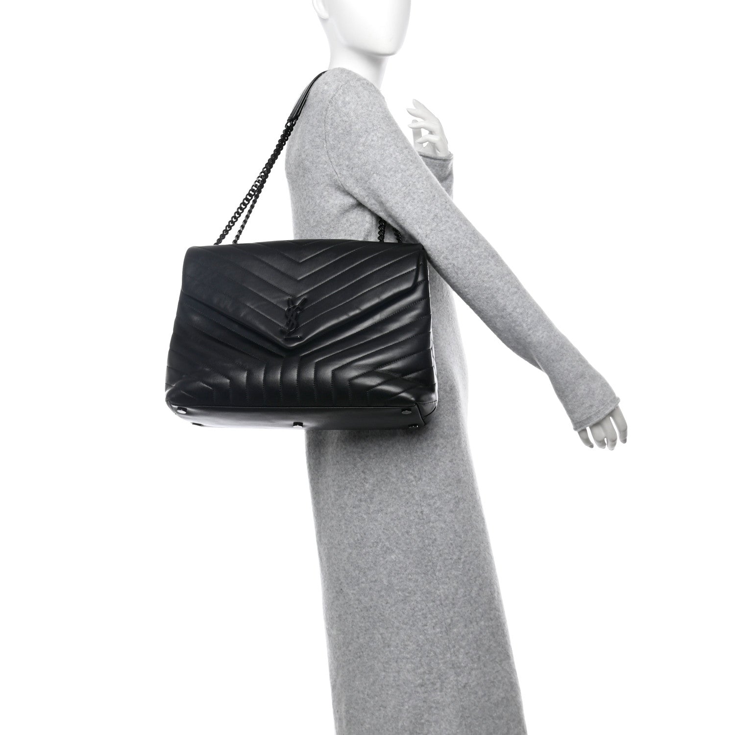 Saint Laurent Calfskin Y Quilted Monogram Monochrome Large Loulou Chain Satchel Black 2 of 13