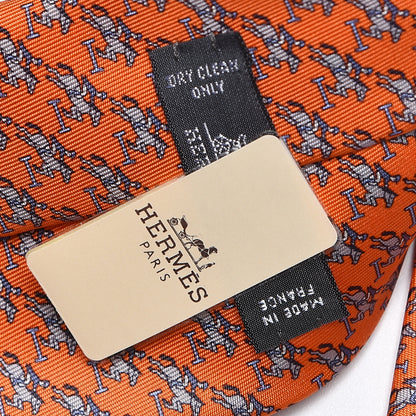 Hermes Silk Printed Mens Neck Tie Orange Gris Bleu Gris 3 of 4