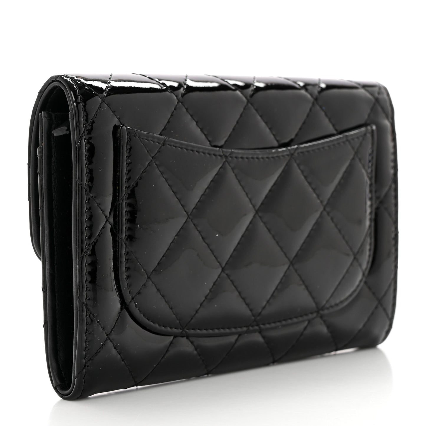 Patent Calfskin Quilted Small Flap Wallet Black