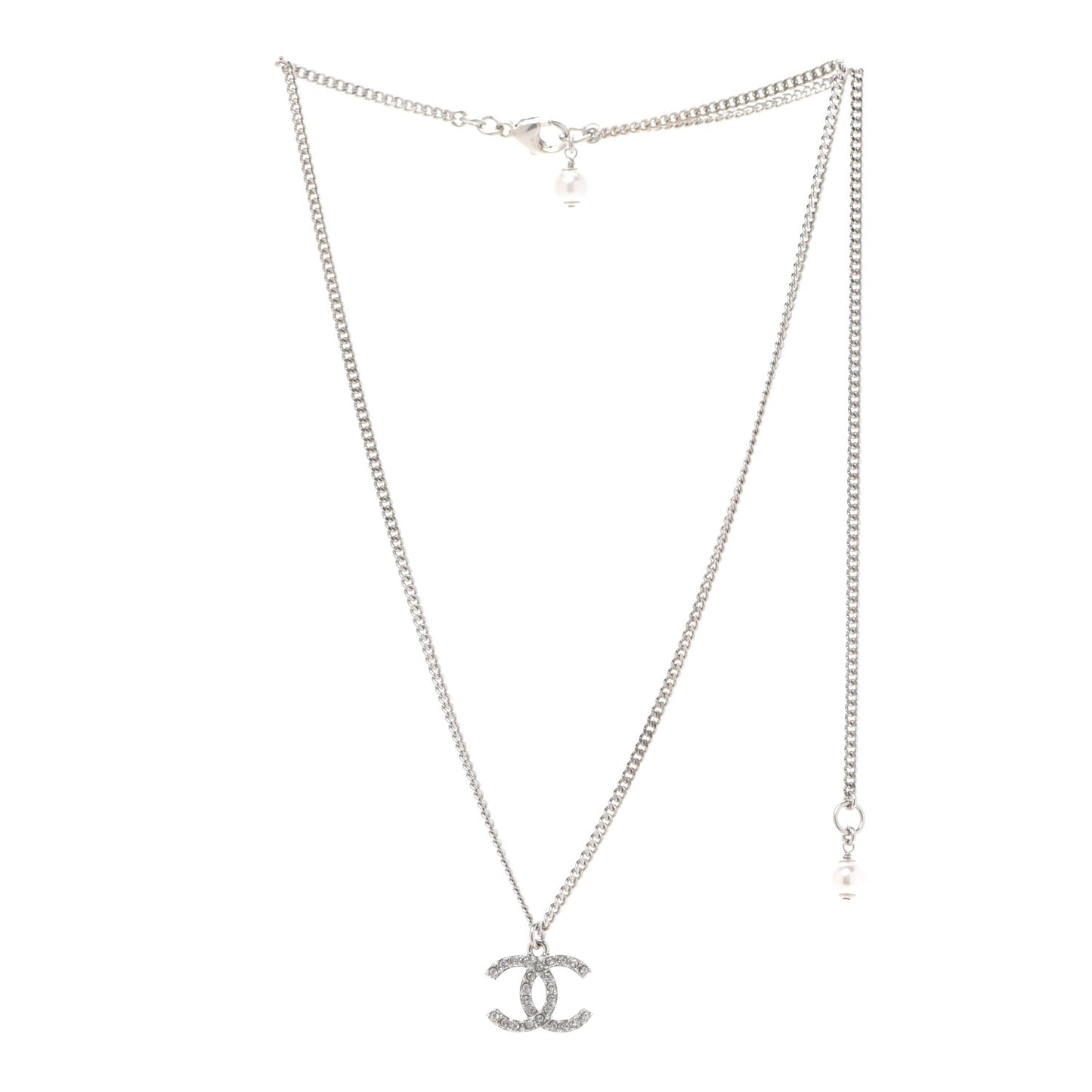 Crystal Pearl CC Pendant Necklace Silver