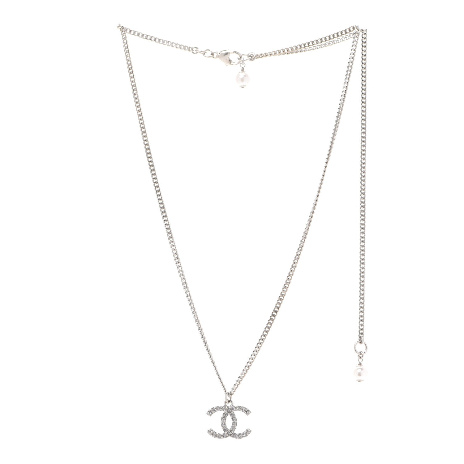 Chanel Crystal Pearl CC Pendant Necklace Silver 3 of 6