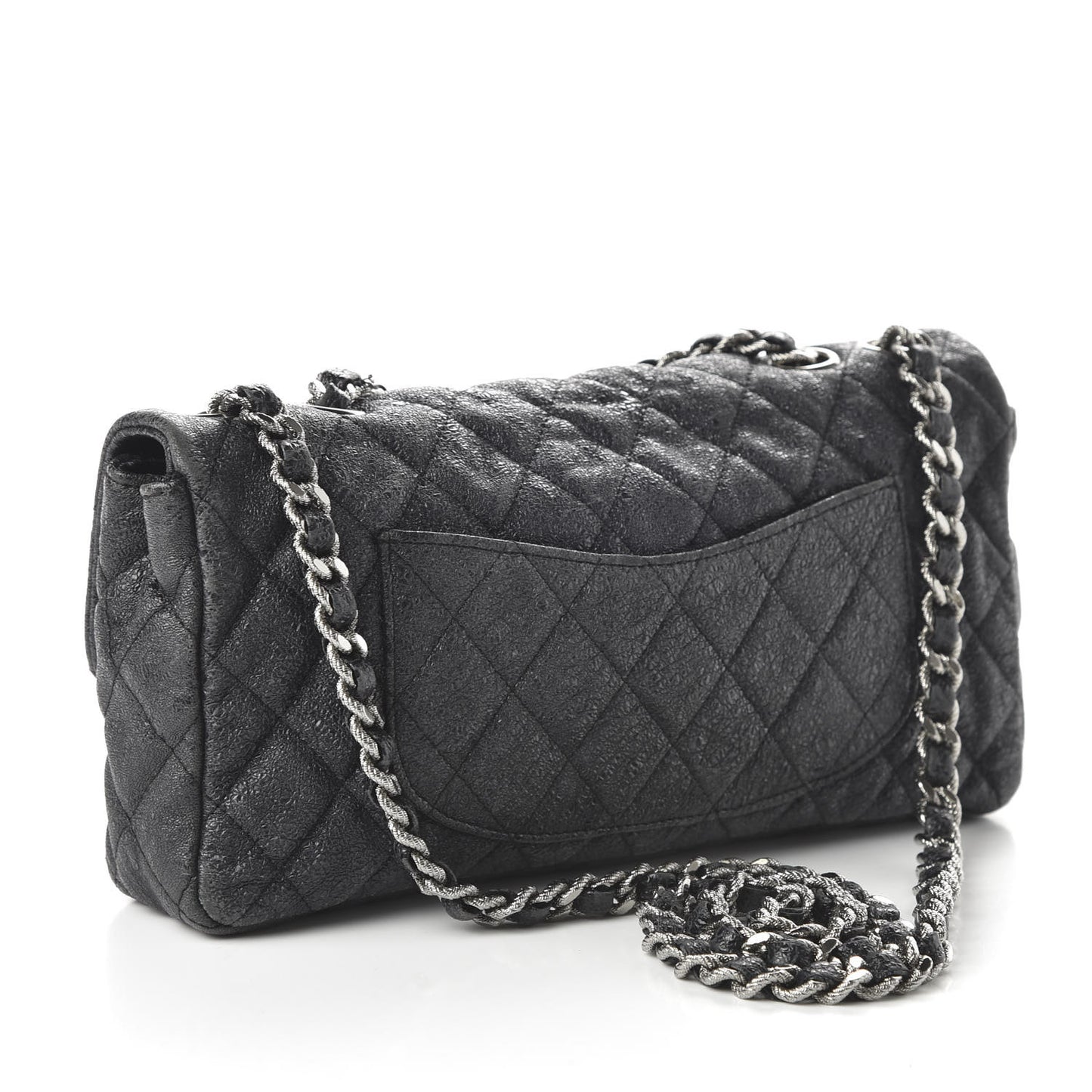 Crackled Calfskin Quilted East West Flap Black