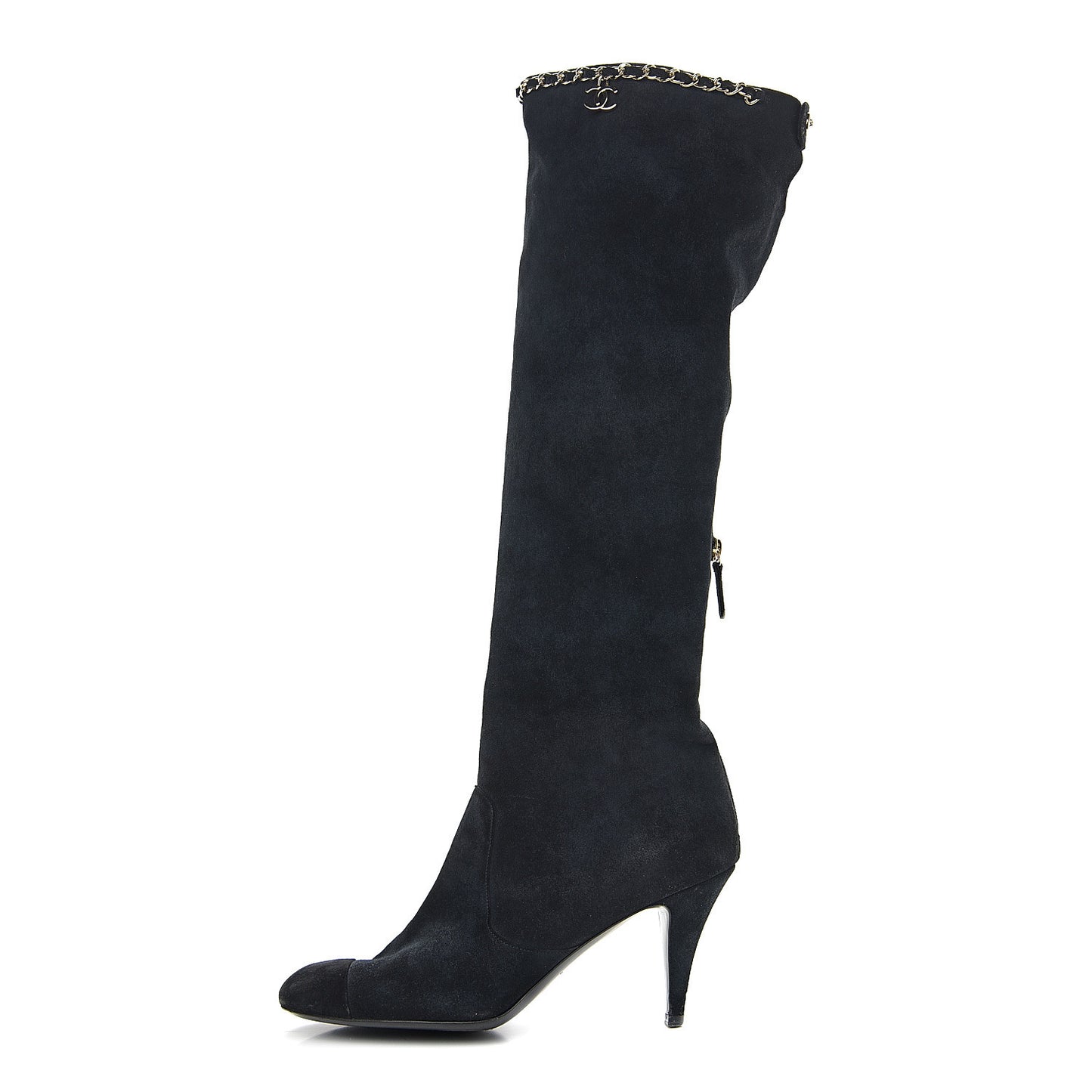 Suede Calfskin Chain Cap Toe Knee High Boots 39.5 Dark Navy