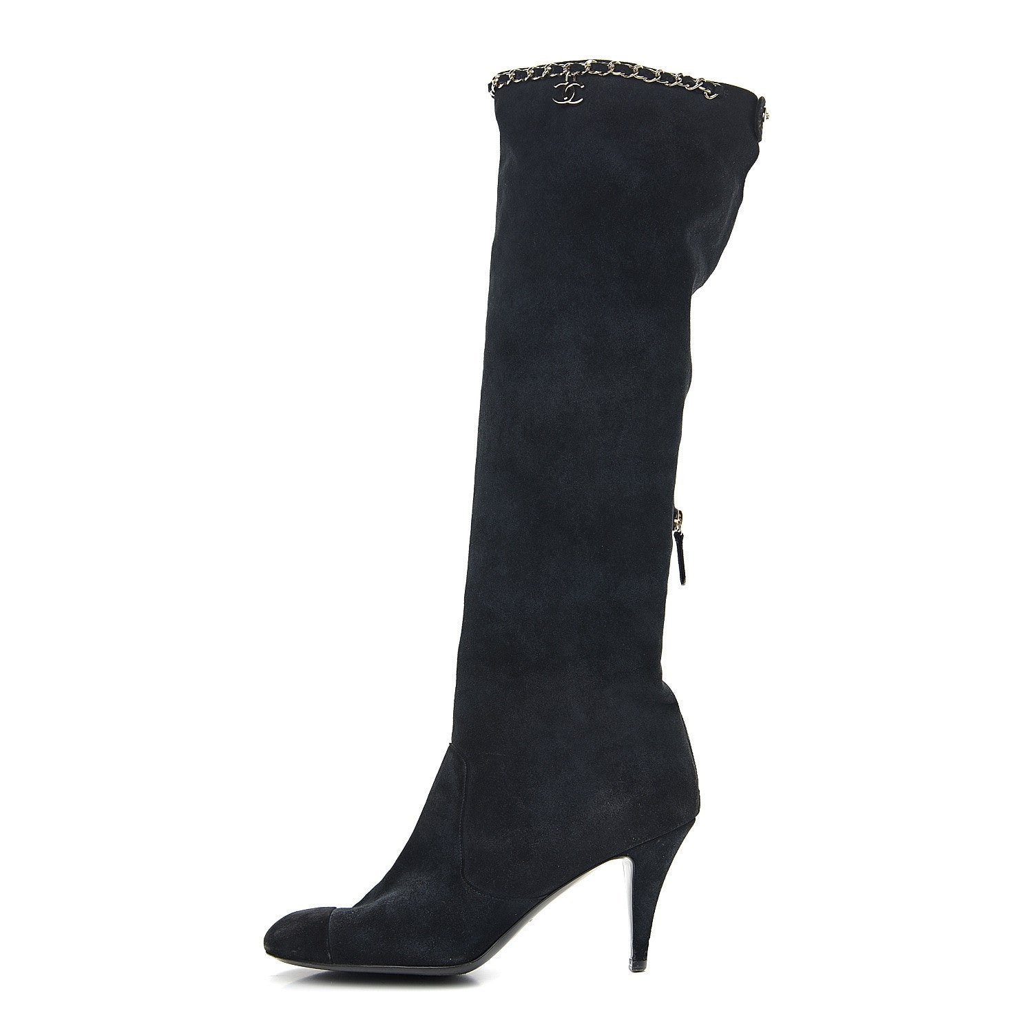 Chanel Suede Calfskin Chain Cap Toe Knee High Boots 39.5 Dark Navy 1 of 9