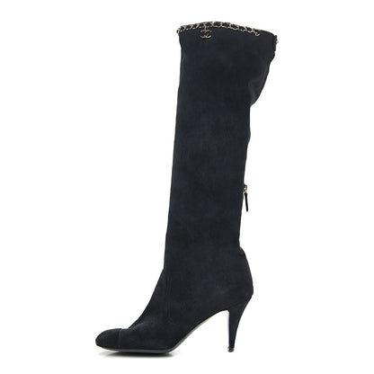 Chanel Suede Calfskin Chain Cap Toe Knee High Boots 39.5 Dark Navy 1 of 9