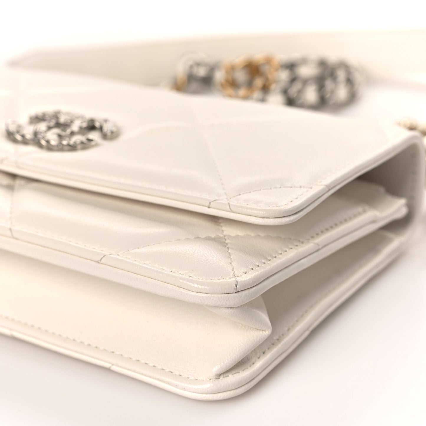 Lambskin Quilted Chanel 19 Wallet On Chain WOC White
