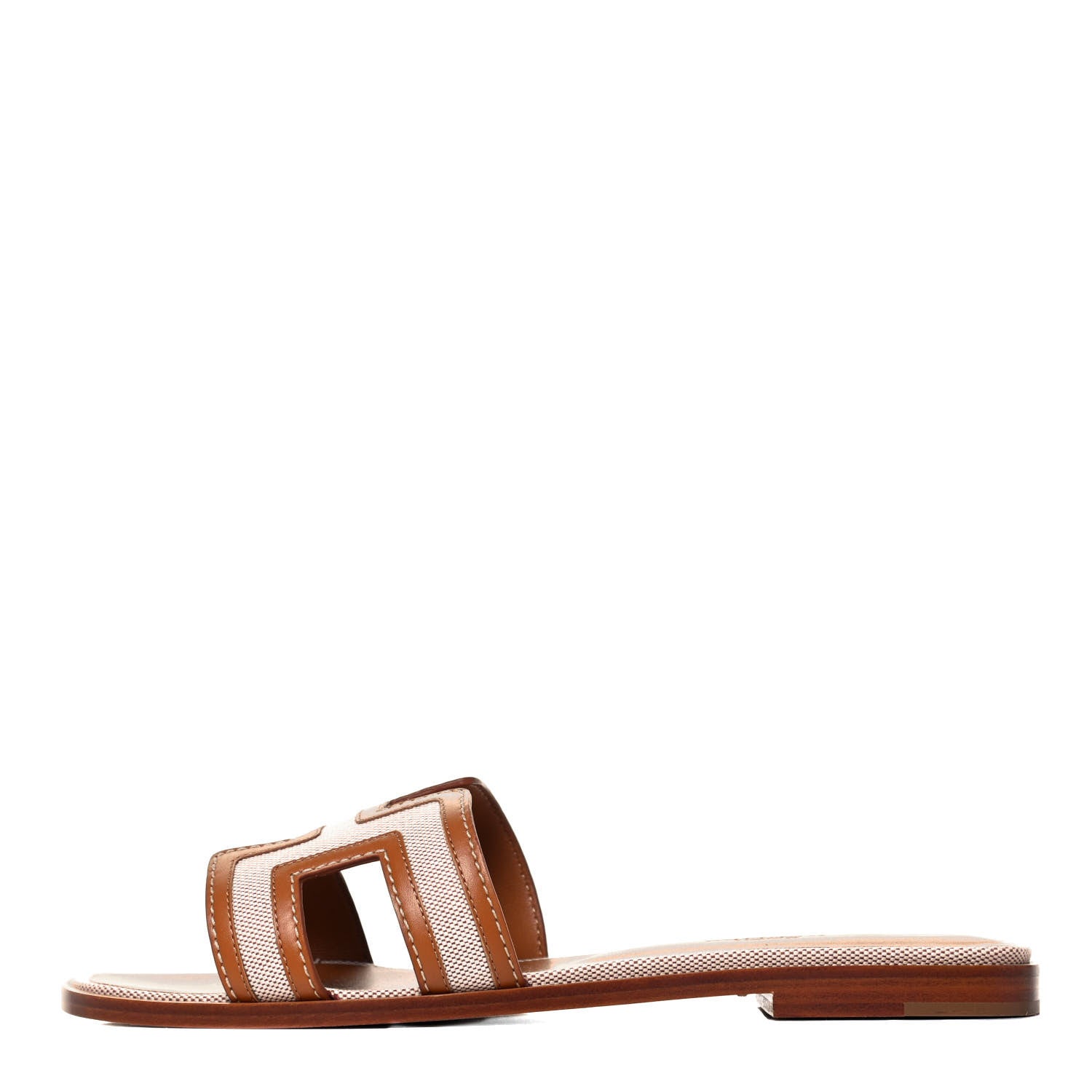 Hermes Calfskin Canvas Oran Sandals 37.5 Noisette Beige Dore 1 of 7