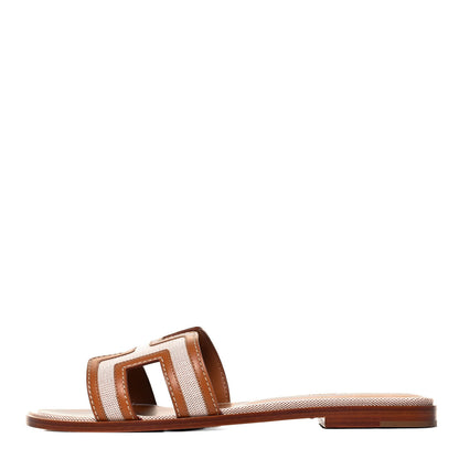 Hermes Calfskin Canvas Oran Sandals 37.5 Noisette Beige Dore 1 of 7