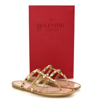 Valentino Garavani PVC Jelly Glitter Rockstud Caged Flat Thong Sandals 37 Oro 9 of 9