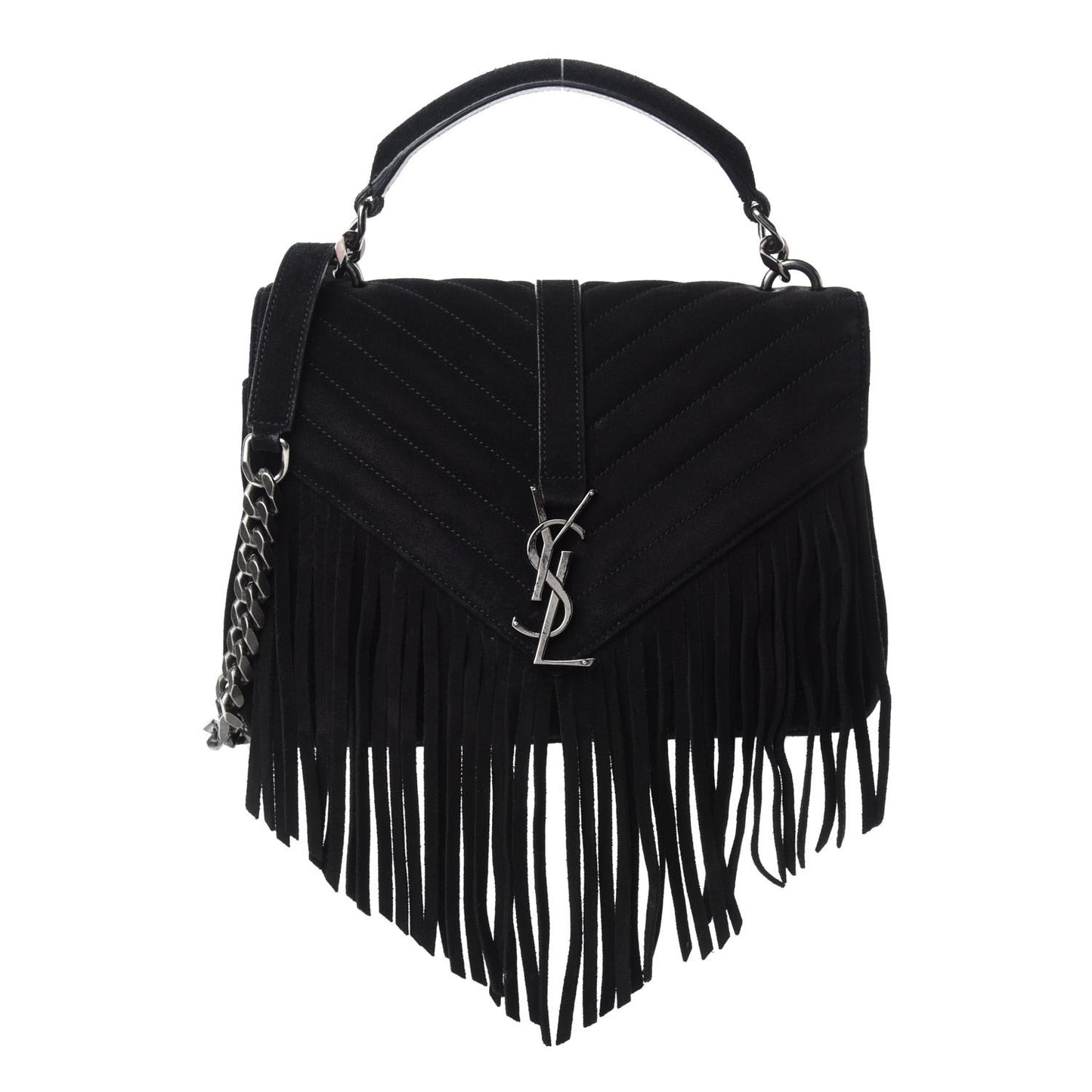 Suede Matelasse Chevron Fringe Monogram Medium College Bag Black