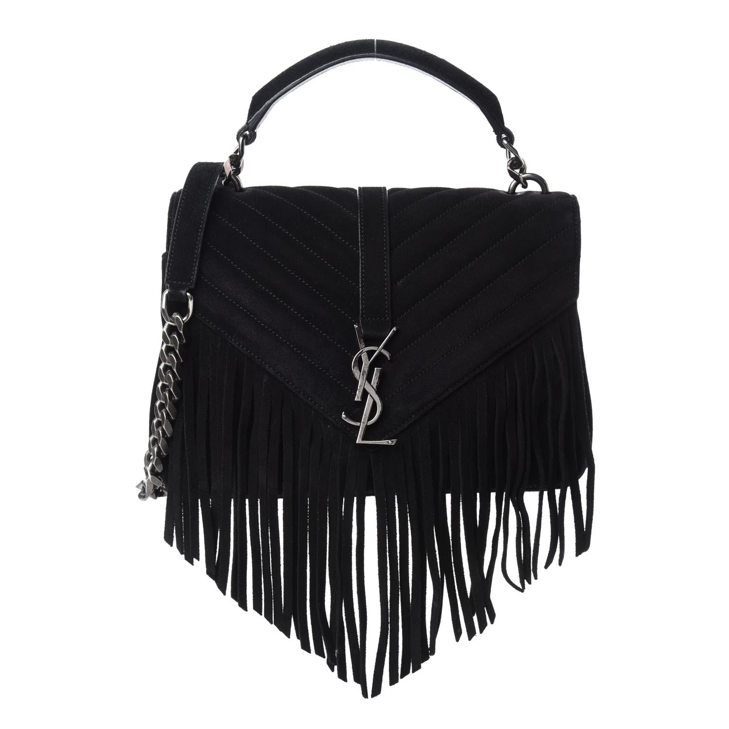 Saint Laurent Suede Matelasse Chevron Fringe Monogram Medium College Bag Black 1 of 11