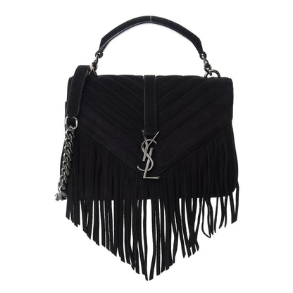 Saint Laurent Suede Matelasse Chevron Fringe Monogram Medium College Bag Black 1 of 11