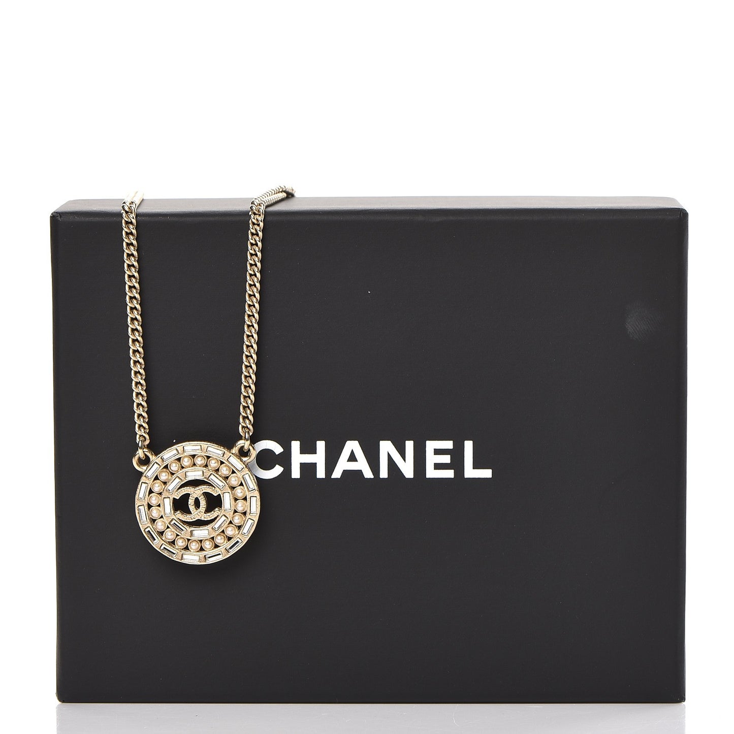 Crystal Pearl CC Medallion Necklace Light Gold