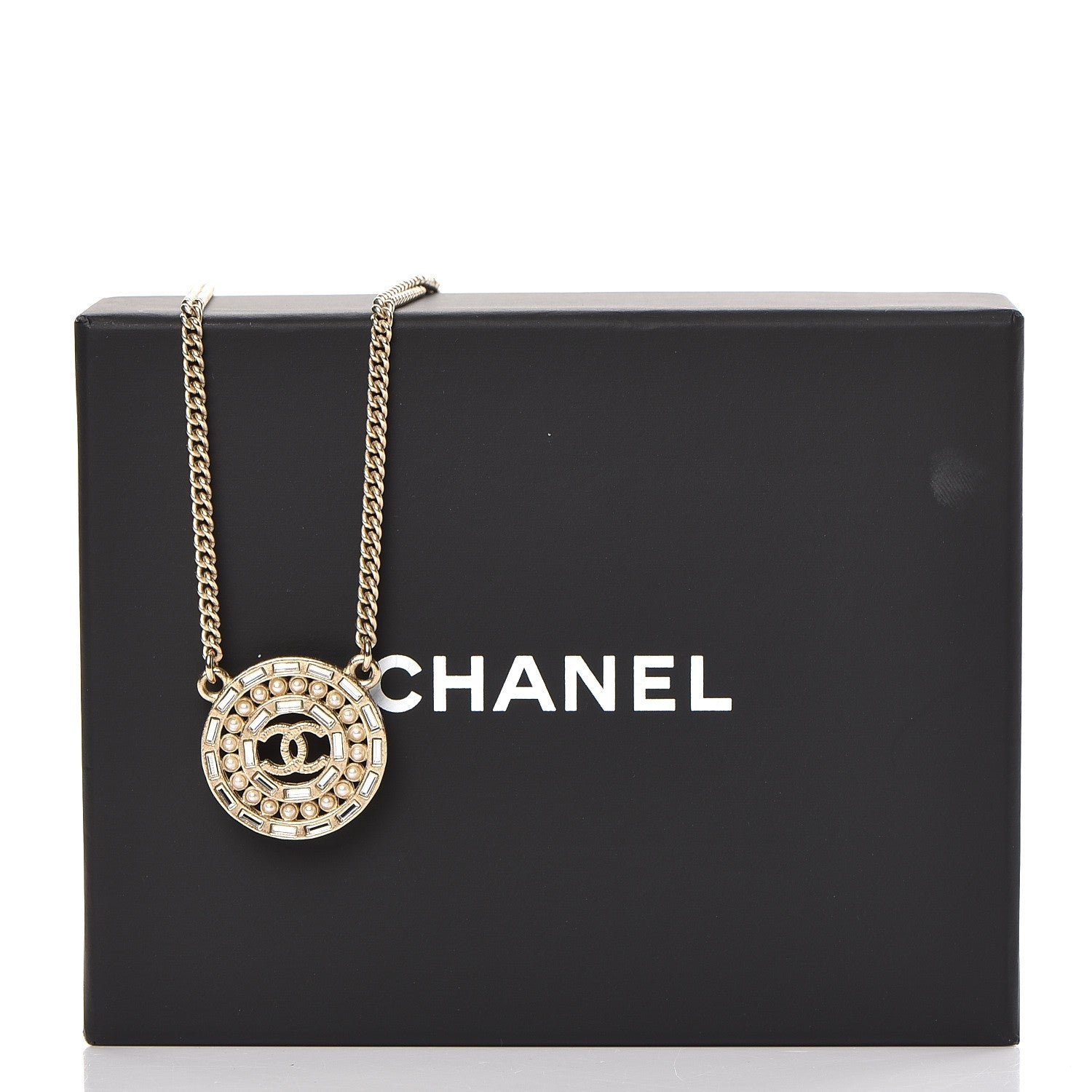 Chanel Crystal Pearl CC Medallion Necklace Light Gold 5 of 5