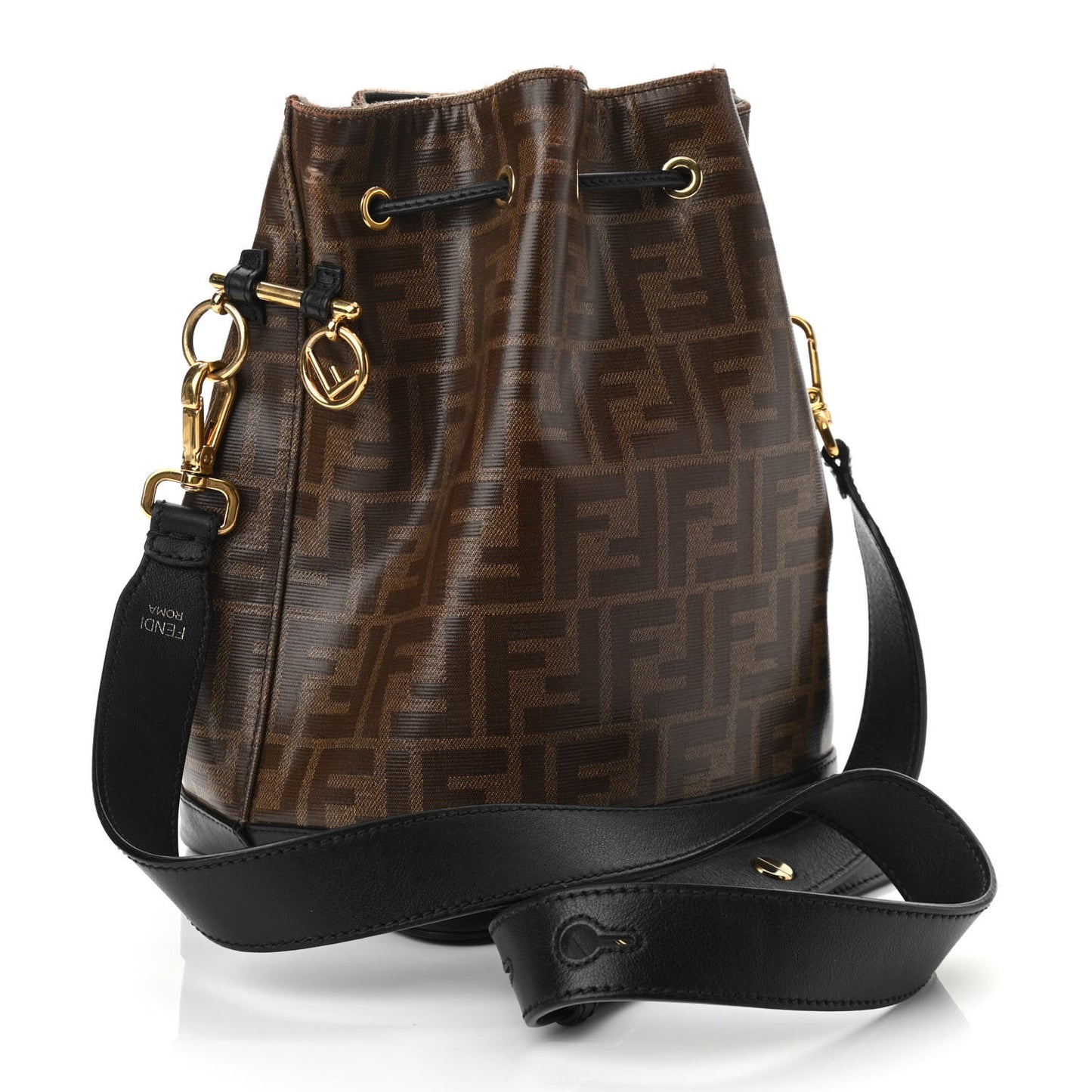 Glazed Fabric Vitello Grace F is Fendi FF 1974 Stamp Patch Grande Mon Tresor Bucket Bag Mogano Panna Black