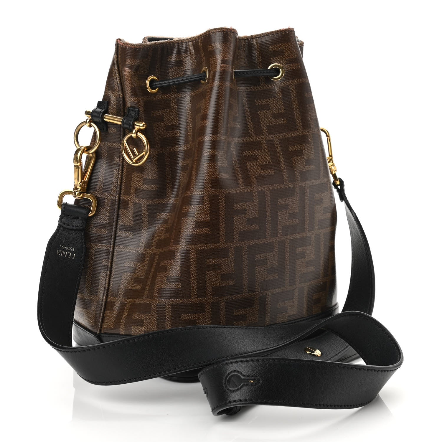 Fendi Glazed Fabric Vitello Grace F is Fendi FF 1974 Stamp Patch Grande Mon Tresor Bucket Bag Mogano Panna Black 3 of 16